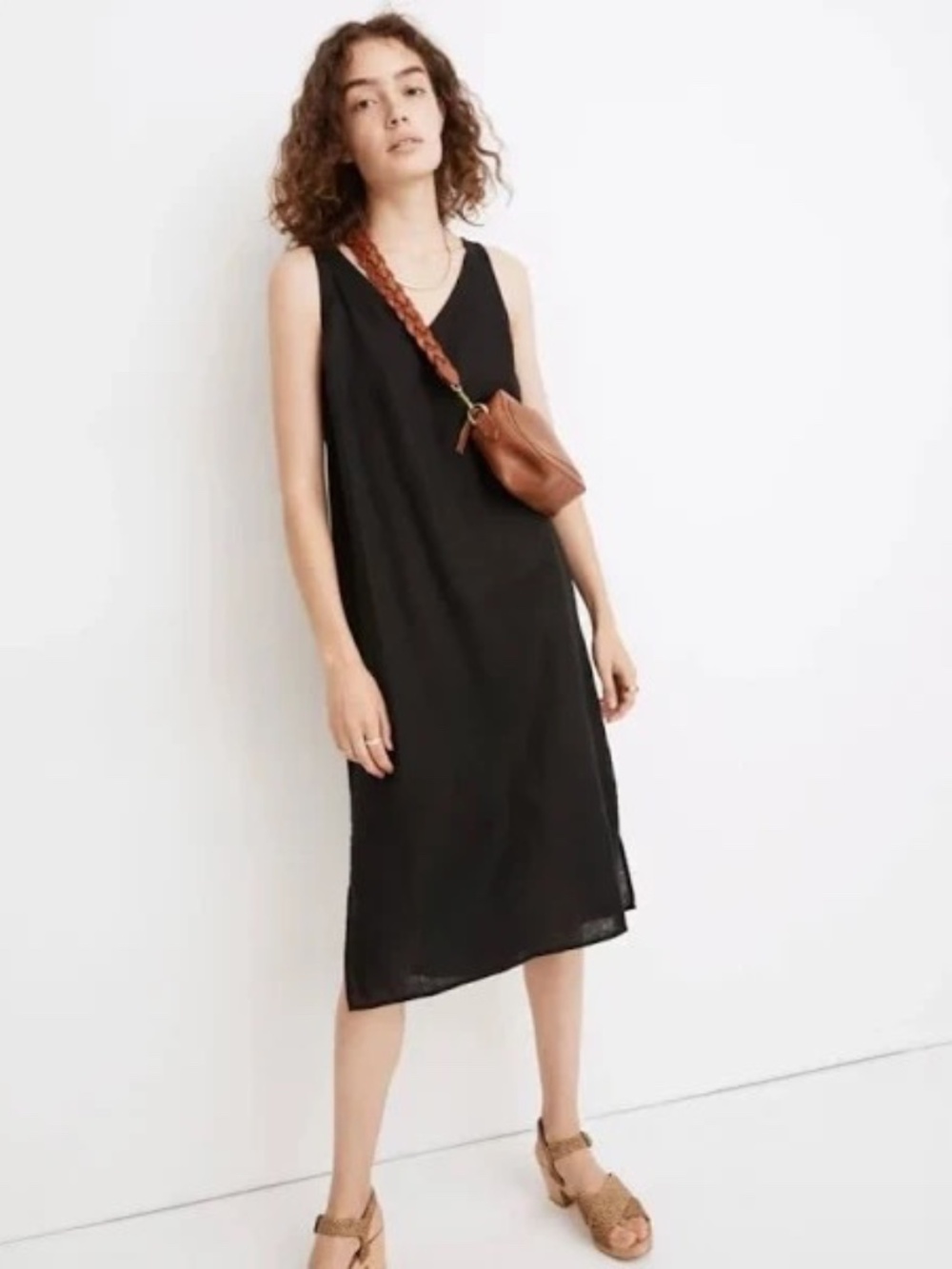 Madewell Linen Blend V Neck Midi Tank Dress Black XS AO274